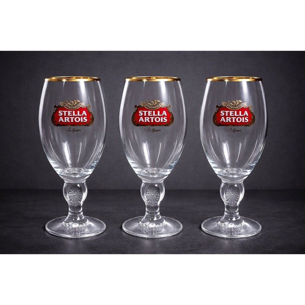 Stella Artois Beer Chalice Glasses Set of 3 Gold Rim 40cl Belgium Goblets